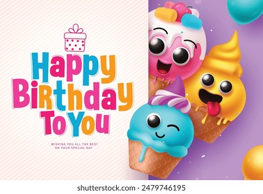 Diseño de Plantilla de Vector de felicitación de cumpleaños feliz. Texto de felicitación de cumpleaños en espacio de pizarra blanca para tipografía con adorables personajes de helado decoración de Elementos de fiesta. tarjeta de cumpleaños de Ilustración vectorial 