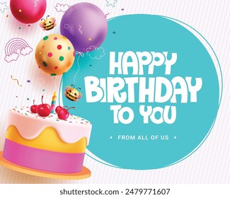 Happy birthday greeting vector template design. Birthday cake and balloons elements decoration for kids party invitation card template design. Vector illustration birthday card template. 
