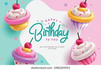 Happy birthday greeting vector template. Birthday greeting text with cup cake inflatable balloons elements decoration in abstract background. Vector illustration invitation card design. 
