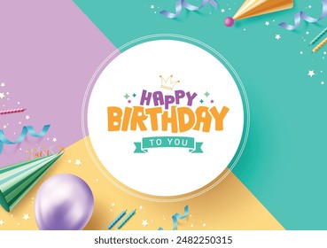 Happy Birthday greeting vector template design. Birthday greeting text in white circle space with party hat, candles, balloon, confetti and stars elements colorful background. Vector illustration 