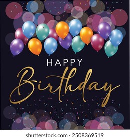 Happy birthday greeting vector template design. Birthday greeting text with floating balloons party elements in abstract Blue and black background. EPS Vector illustration invitation card design.
