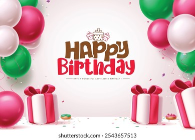 Herzlichen Glückwunsch zum Geburtstag Vektor Vorlage Design. Geburtstag Grußtext mit roten, grünen Ballons schwebend und Geschenkbox Dekoration Elemente Clip Art Hintergrund. Partyeinladung für Vektorgrafik 