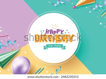Happy Birthday greeting vector template design. Birthday greeting text in white circle space with party hat, candles, balloon, confetti and stars elements colorful background. Vector illustration 