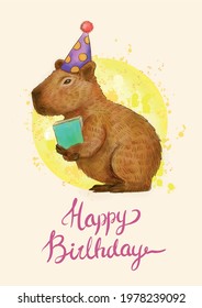 happy birthday greeting wishes card children cute adorable animal capybara