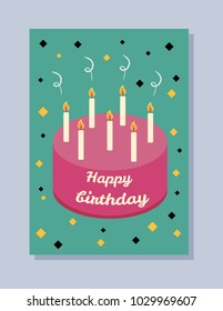 Happy Birthday greeting-card, postcard with cake of pink color and candles, headline and stars, vector illustration, isolated on green background