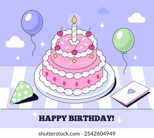 Happy birthday greetings with cake, candles, balloons, party hat. Trendy modern isometry template for card, banner, poster. Isometric line vector illustration and background. 