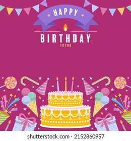 happy birthday greetings with cake and flowers flat design