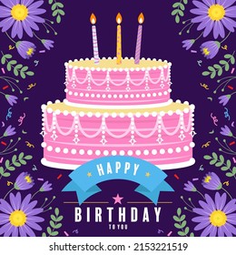 happy birthday greetings with cake and flowers flat design
