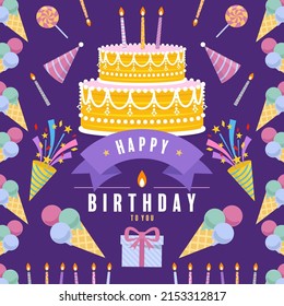 happy birthday greetings with cake and flowers flat design