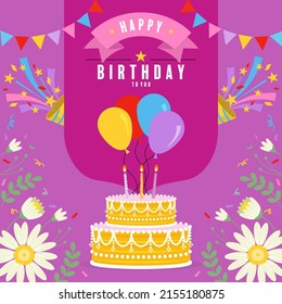 happy birthday greetings with cake and flowers flat design