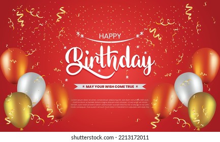 Happy birthday greetings card with balloons, typography and red glitter background