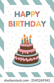 Happy Birthday greetings card. Colorful birthday greeting card featuring presents and festive decorations with cheerful lettering