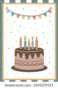 Happy Birthday greetings card. Colorful birthday cake with candles, cheerful decorations, and festive atmosphere perfect for celebrating special moments