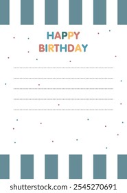 Tarjeta de felicitación de feliz cumpleaños. Diseño colorido de la tarjeta del cumpleaños con las decoraciones alegres y las líneas en blanco para los mensajes personales, ideales para las ocasiones de celebración