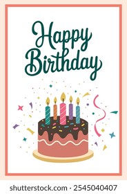 Happy Birthday greetings card. Festive birthday cake with candles and decorations for a joyful celebration