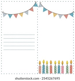 Happy Birthday greetings card. Birthday party invitation template with colorful banners and candles, perfect for celebrating special occasions with friends and family 