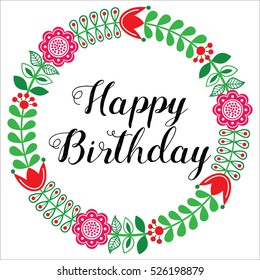 Happy Birthday greetings card - Scandinavian folk art style 