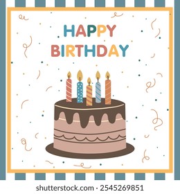 Happy Birthday greetings card. A vibrant birthday card displays the words Happy Birthday in bright colors, surrounded by colorful presents and playful decorations.