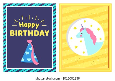 Happy Birthday greetings cards collection, celebration cap with ribbon and heart print, unicorn and stars and headline isolated on vector illustration