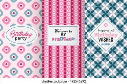 Happy birthday greetings and cute seamless vector pattern.