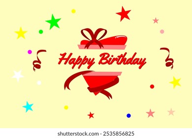 Happy Birthday greetings design featuring bold red text with a heart shape gift box in the background. Bright stars and colorful confetti dots surround the message. vector illustration card background