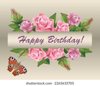 Happy birthday greetings in illustration.Vector illustration with flowers, butterfly and happy birthday text.