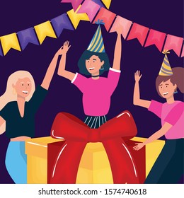 happy birthday, group women with gift bunting flags dark background celebration party event decoration vector illustration