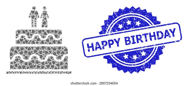 Happy Birthday grunge seal print and vector recursive collage marriage cake. Blue stamp seal contains Happy Birthday title inside rosette.
