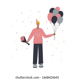 Happy Birthday guy with balloons and flowers postcard. Simple flat people boy man character vector illustration cartoon style. Festive party celebration event cute picture graphic clip art element.