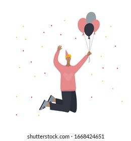 Happy Birthday guy jumping flying with balloons postcard. Simple flat people boy man character vector illustration cartoon style. Festive party celebration event cute picture graphic clip art element.