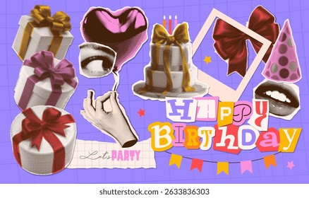 Happy birthday halftone art collage cut outs set.Various paper clipping shapes, hands holding heart shaped balloon, present boxes, stickers with vintage dotted texture. Retro grunge mixed media vector