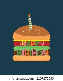 Happy Birthday Hamburger with a candle.Ideal for posters, postcards, invitations, and banners