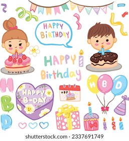 Happy Birthday hand draw cute vector set HBD gift and cake element