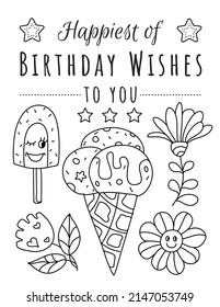 Happy Birthday! Hand drawn coloring pages for kids and adults. Beautiful drawings with patterns and details. Spring coloring book pictures with blooming branches, flowers, smile, stickers, quotes