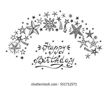 Happy Birthday! Hand drawn doodle Fireworks and Stars. Holiday background vector illustration