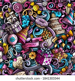Happy Birthday hand drawn doodles seamless pattern. Holiday background. Cartoon cheerful fabric print design. Colorful vector festive illustration