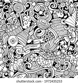 Happy Birthday hand drawn doodles seamless pattern. Holiday background. Cartoon cheerful coloring page design. Sketchy vector festive illustration