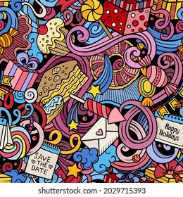 Happy Birthday hand drawn doodles seamless pattern. Holiday background. Cartoon cheerful fabric print design. Colorful vector festive illustration