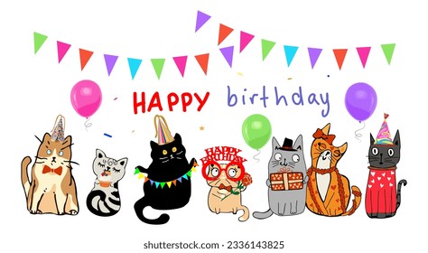 Feliz cumpleaños, elementos dibujados a mano con lindos gatos diferentes, globos, sombreros patéticos, decoraciones, escritura feliz de cumpleaños. Cartel, plantilla de diseño. Ilustración del vector aislada en fondo blanco