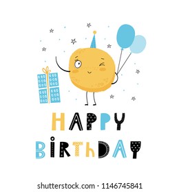 Happy birthday. Hand drawn graphic for typography poster, card, label, brochure, flyer, page, banner, baby wear, nursery. Vector illustration in blue and yellow. 