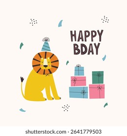 Happy birthday hand drawn greeting card with lion, colorful confetti and presents.
