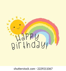 Happy Birthday hand drawn illustration of sunshine and rainbow. Text: Happy Birthday!