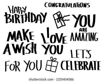 Happy Birthday hand drawn lettering set isolated on white background. Collection of birthday quotes. Elements for greeting cards, invitation, flyers, banners. Vector illustration.