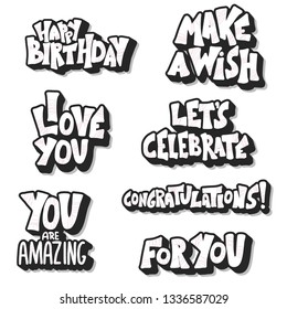 Happy Birthday hand drawn lettering set isolated on white background. Collection of birthday phrases. Elements for greeting cards, invitation, flyers, banners. Vector illustration.