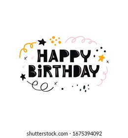 Happy Birthday hand drawn lettering. Bday, anniversary celebration vector invitation card with text. Flat cartoon letters and dots isolated clipart. Phrase design element for postcard, greeting card