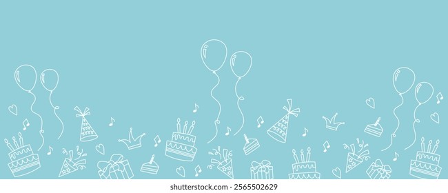 Happy birthday hand drawn party seamless background with cakes, gift boxes, balloons. Seamless pattern with outline festive items. Ideal for birthday parties, celebrations, banners, wrapping