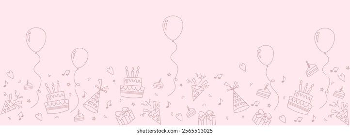 Happy birthday hand drawn Pink party seamless background with cakes, gift boxes, balloons. Seamless pattern with outline festive items. Ideal for birthday parties, celebrations, banners, wrapping