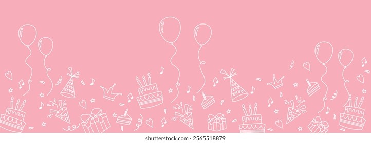 Happy birthday hand drawn Pink party seamless background with cakes, gift boxes, balloons. Seamless pattern with outline festive items. Ideal for birthday parties, celebrations, banners, wrapping