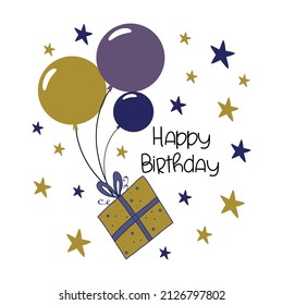 Happy Birthday  - hand drawn Birthday present with ballons and stars. Good for greeting and invitation card, textile print, postcard.