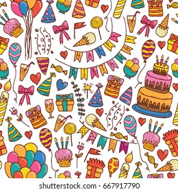 Happy birthday hand drawn seamless pattern with doodle cake, balloons, sweets, gifts and flowers.  Concept of happiness.